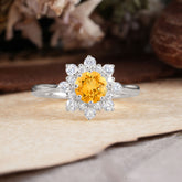 Round Citrine Flower Engagement Ring Nature Inspired Wedding Ring